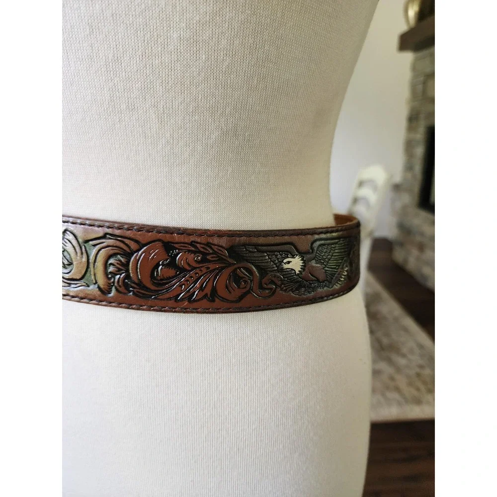 Vintage Mens Brown Tooled Leather Western Belt Eagle Floral Scroll Silver Buckle